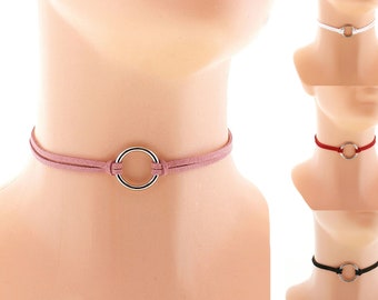 vegan faux leather thin choker day collar in pink made for women featuring a ring and lobster claw closure and an adjustable string