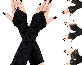 stretchy long all black fingerless gloves for women's evening gothic inspired with elbow length forearm and textured design with finger loop