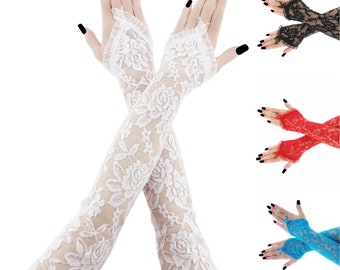 lace gloves all white bridal extra long fingerless gloves wedding arm warmers no fingers length over the elbow up bicep finger loop fashion