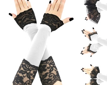 Lange schwarz-weiße fingerlose Handschuhe zum Bedecken Ihres Unterarms mit Paspelierung vorne aus dehnbarem Material, perfekt für einen modischen Look