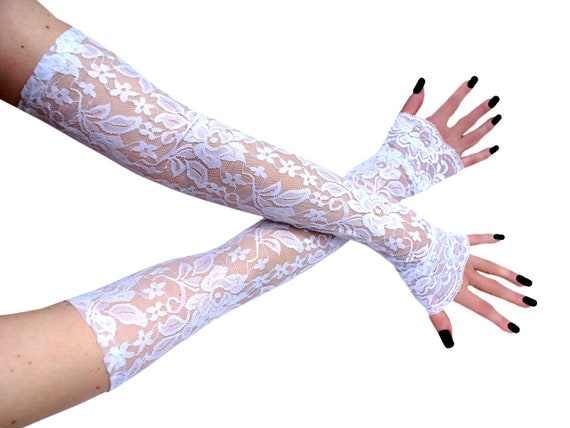 Womens White Lace Opera Length Evening Bridal Burlesque Gloves