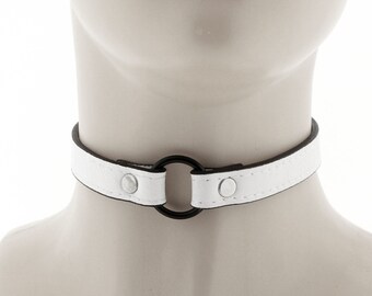 white punk rock necklace, white choker, vegan leather collar, choker necklace, ring choker, all white punk jewelry with adjustable buckle