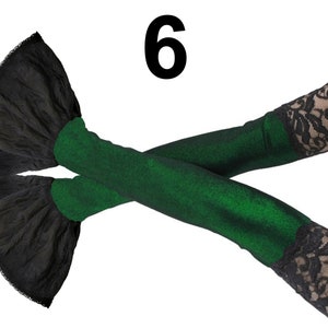 Elevate your style with these exquisite extra-long fingerless gloves in a captivating combination of lurex green and black. Perfect for adding a touch of glamour to any outfit