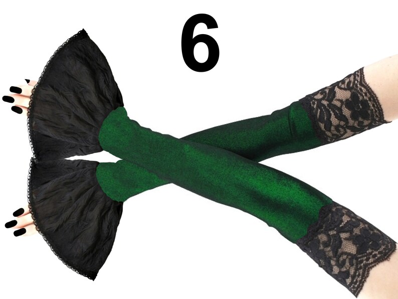 Elevate your style with these exquisite extra-long fingerless gloves in a captivating combination of lurex green and black. Perfect for adding a touch of glamour to any outfit