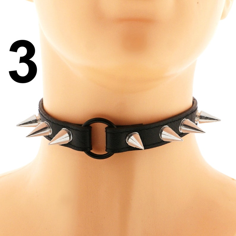 punk necklace, black spiked choker, black vegan leather collar, choker necklace, ring choker, all black punk jewelry with adjustable buckle zdjęcie 10