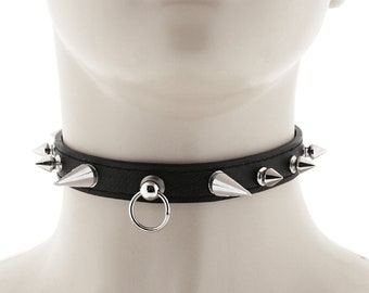 choker crafted of all black faux leather with spikes and hanging ring adjustable buckle closure necklace for style with punk aesthetic