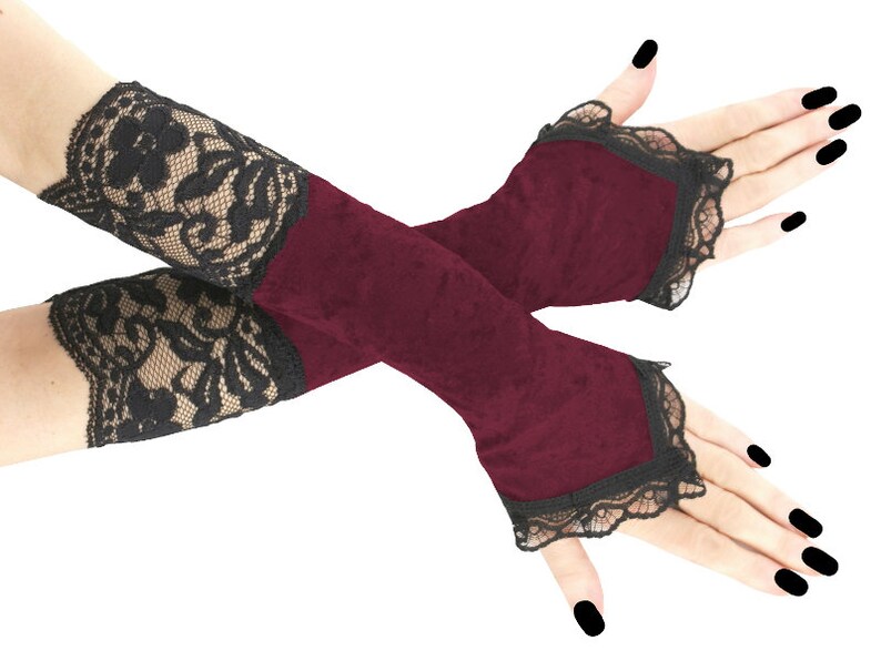 Velvet Fingerless Gloves Black Lace Arm Warmers Gothic Etsy