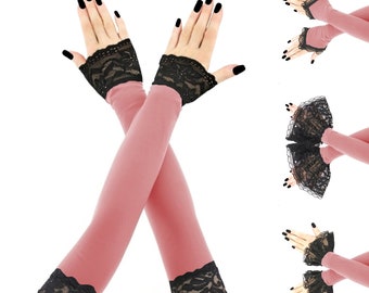 pink stretch fingerless gloves, extra long fingerless gloves, black and pink fingerless gloves, women's pink gloves with front piping