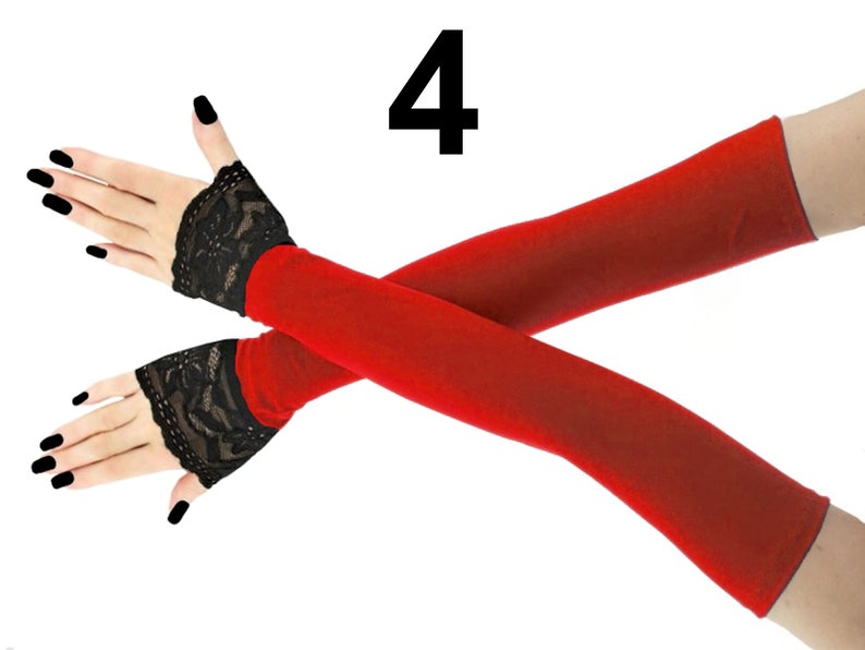 red black extra long fingerless gloves formal evening opera arm warmers no fingers length over the elbow finger loop fashion best