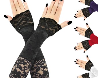 long all black fingerless gloves made of stretchy velvet and lace with front piping ideal for evening wear with elbow length forearm design