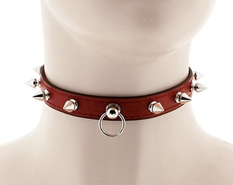 red rock necklace, red spiked choker, vegan leather collar, choker necklace, ring choker, all red punk jewelry with adjustable buckle