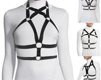 woman fashion chest black harness top bodycage chestcage criss cross stretch strappy tops