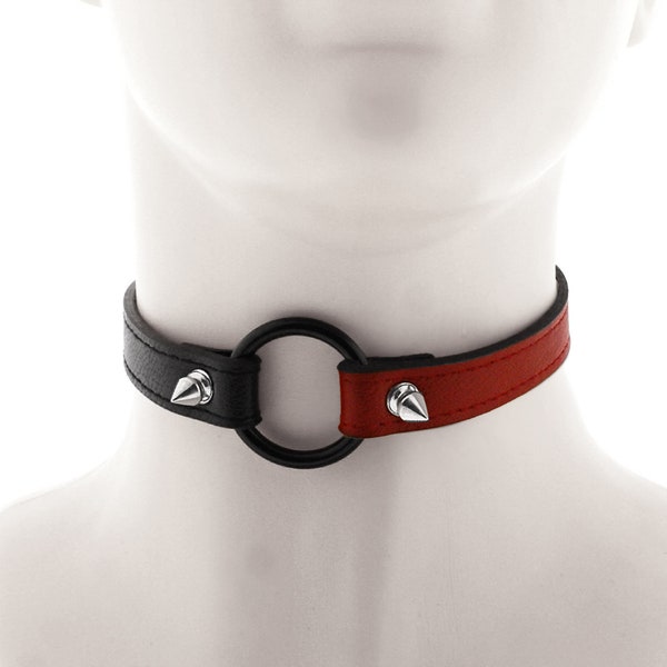 spiked choker, black and red choker, punk necklace, vegan leather collar, choker necklace, black ring choker, collar with adjustable buckle