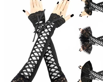 black and white fingerless gloves are extra long with lace front piping design that extend up to the bicep and featuring corset lacing