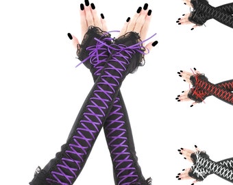 these purple and black fingerless gloves that extend to the bicep featuring a finger loop and lacing corset design for the your evening