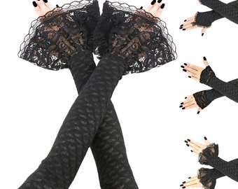 Mitaines noires extra-longues, mitaines noires, gants extra-longs, manchettes d'opéra noires avec volants et texturé