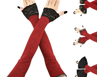 stylish fingerless gloves with elegant front piping in red textured and black extra long over the elbow arm warmers for opera evenings