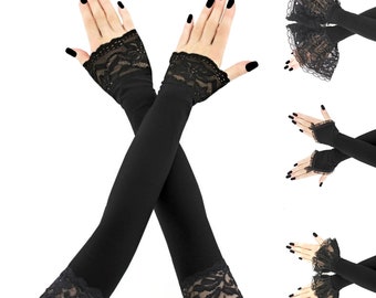 these black extra long fingerless gloves are stretchy arm warmers with front piping keeping your arms warm up to the bicep for a night out