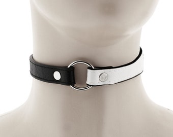 punk rock necklace, black white choker, vegan leather collar, choker necklace, ring choker, ring punk jewelry with adjustable buckle