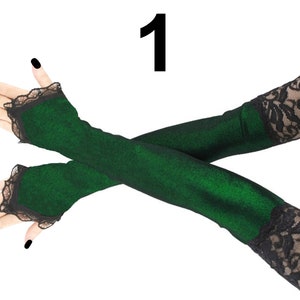 elegant extra long fingerless gloves in lurex green and black with delicate front piping arm warmers perfect for a night at the opera