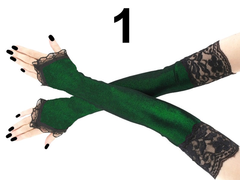 elegant extra long fingerless gloves in lurex green and black with delicate front piping arm warmers perfect for a night at the opera