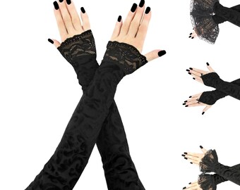 extra lange vingerloze handschoenen van getextureerde stof in geheel zwart, reiken tot aan de biceps en zijn voorzien van een biesdetail aan de voorkant voor een opera-avond