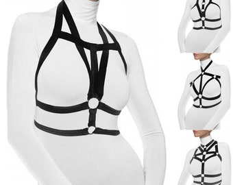 woman fashion chest black harness top bodycage chestcage criss cross stretch strappy tops