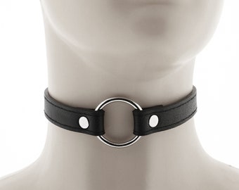 black punk rock necklace, black choker, vegan leather collar, choker necklace, ring choker, all black punk jewelry with adjustable buckle