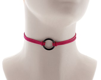 pink choker, necklace day collar, all pink leather string choker, string choker, ring choker, vegan leather string with adjustable closure