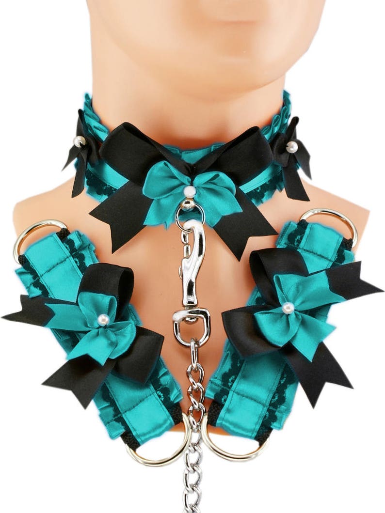 Blue kitten play collar cuffs and leash choker ddlg collar gothic punk kittenplay steampunk bdsm bracelet collar princess kitten goth T5