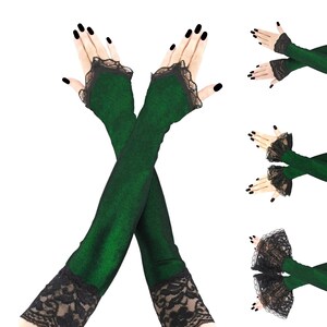 These elegant green and black lurex fingerless gloves with finger loop arm warmers are perfect for a sophisticated evening at the opera.