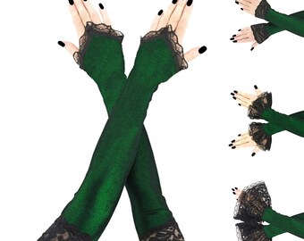eleganti guanti senza dita extra lunghi in lurex verde e nero con delicati scaldamuscoli con passante per le dita, perfetti per una serata all'opera