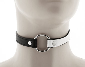 punk rock necklace, black white choker, vegan leather collar, choker necklace, ring choker, ring punk jewelry with adjustable buckle