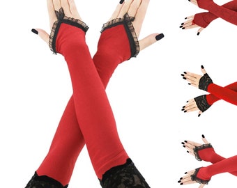 red black extra long fingerless gloves formal evening opera arm warmers no fingers length over the elbow up bicep finger loop fashion