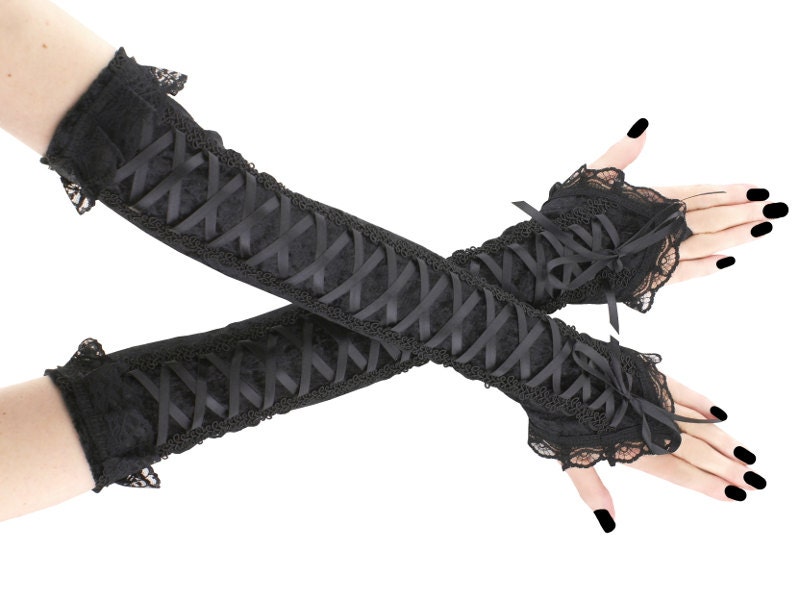 Black Gothic Fingerless Gloves Arm Warmers Black Lace Gloves Etsy