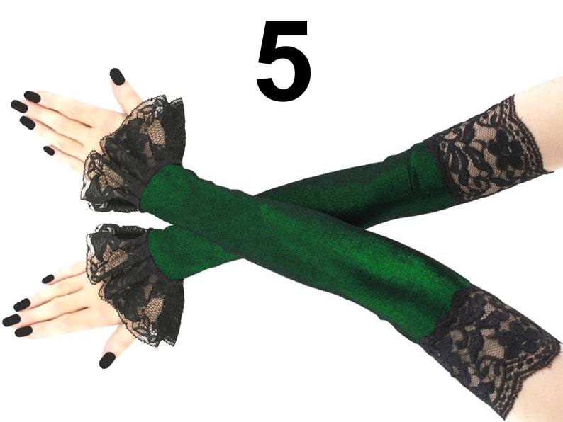 Make a bold fashion statement with these stunning opera-inspired arm warmers. Crafted in a mesmerizing lurex green and black color scheme, these extra-long fingerless gloves are the epitome of elegance. Not only will they keep your arms warm