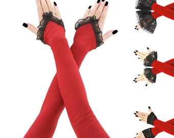 arm warmers in red and black long fingerless gloves with extra length for your arms featuring finger loops and a stretchy for a fit