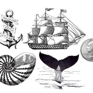 TEMPORARY TATTOO - Set of 4 Nautical Items / Seashell / Whale tail / Anchor / Ship/Whale/Crab