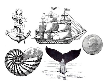 TEMPORARY TATTOO - Set of 4 Nautical Items / Seashell / Whale tail / Anchor / Ship/Whale/Crab