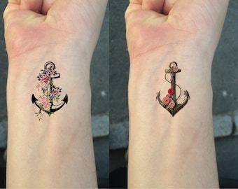 Temporary Tattoo - TEMPORARY TATTOO - Set of 2 Flower Anchor / Wrist tattoo