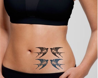 TEMPORARY TATTOO - Set of two  Blue or Black Vintage Swallows/ Dragonflies