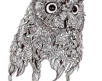 May include: A black and white line drawing of an owl with intricate details. The owl's eyes are large and round, and its feathers are depicted with a swirling pattern.
