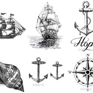 TEMPORARY TATTOO - Set of 7 Nautical Tattoos or 2.75" x 2" Vintage Ship and More