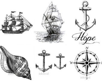 TEMPORARY TATTOO - Set of 7 Nautical Tattoos or 2.75" x 2" Vintage Ship and More