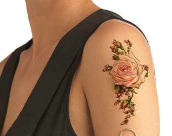 TEMPORARY TATTOO - 5" x 2.5" Pink Rose or 4.4" x 2.5" Salmon Rose Vintage Floral