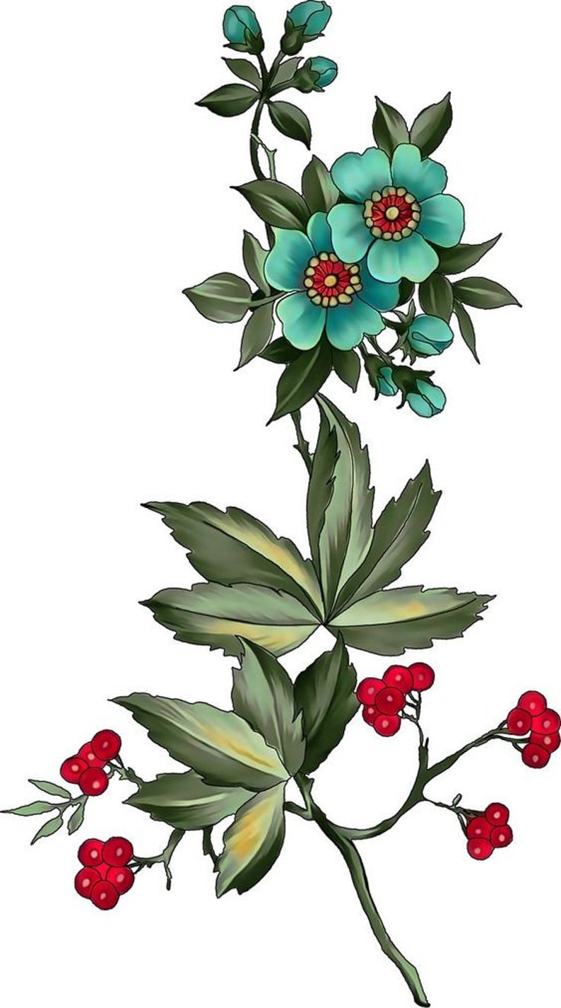 May include: A floral illustration featuring blue flowers with red centers, green leaves, and red berries. The flowers are arranged in a cluster on a stem with leaves and berries.