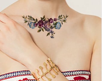 TEMPORARY TATTOO - Collar Bone Necklace Floral Tattoo #300