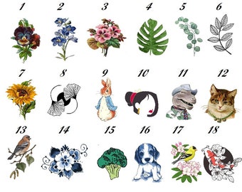 Puede incluir: Un conjunto de 18 imágenes de clipart digital que presentan varios diseños, incluyendo flores, animales y patrones abstractos. Las imágenes están numeradas del 1 al 18.