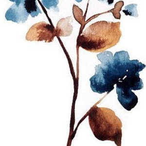 May include: Watercolor painting of a blue flower with brown stems and leaves. The flower is painted in a loose, abstract style.