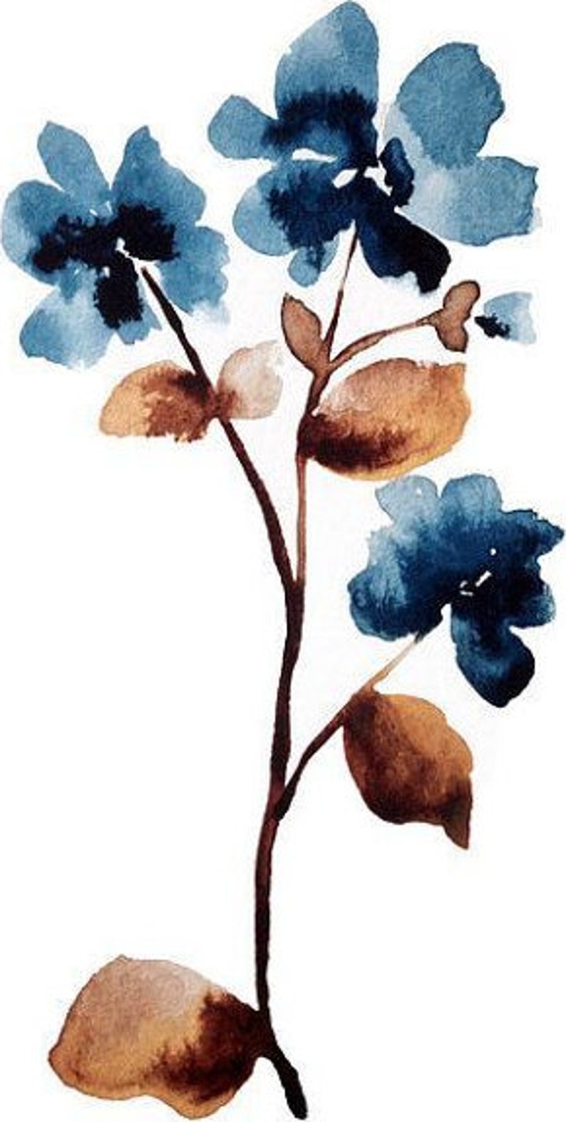 May include: Watercolor painting of a blue flower with brown stems and leaves. The flower is painted in a loose, abstract style.